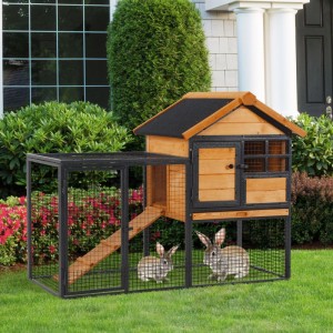 PawHut Kaninchenstall mit Freilaufgehege Holz-Metall Hellgelb 122 x 63 x 92 cm
