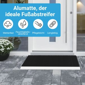 Schwarze Björn&Schiller Fußmatte mit Alu-Rahmen und Bürsten vor einer Haustür.