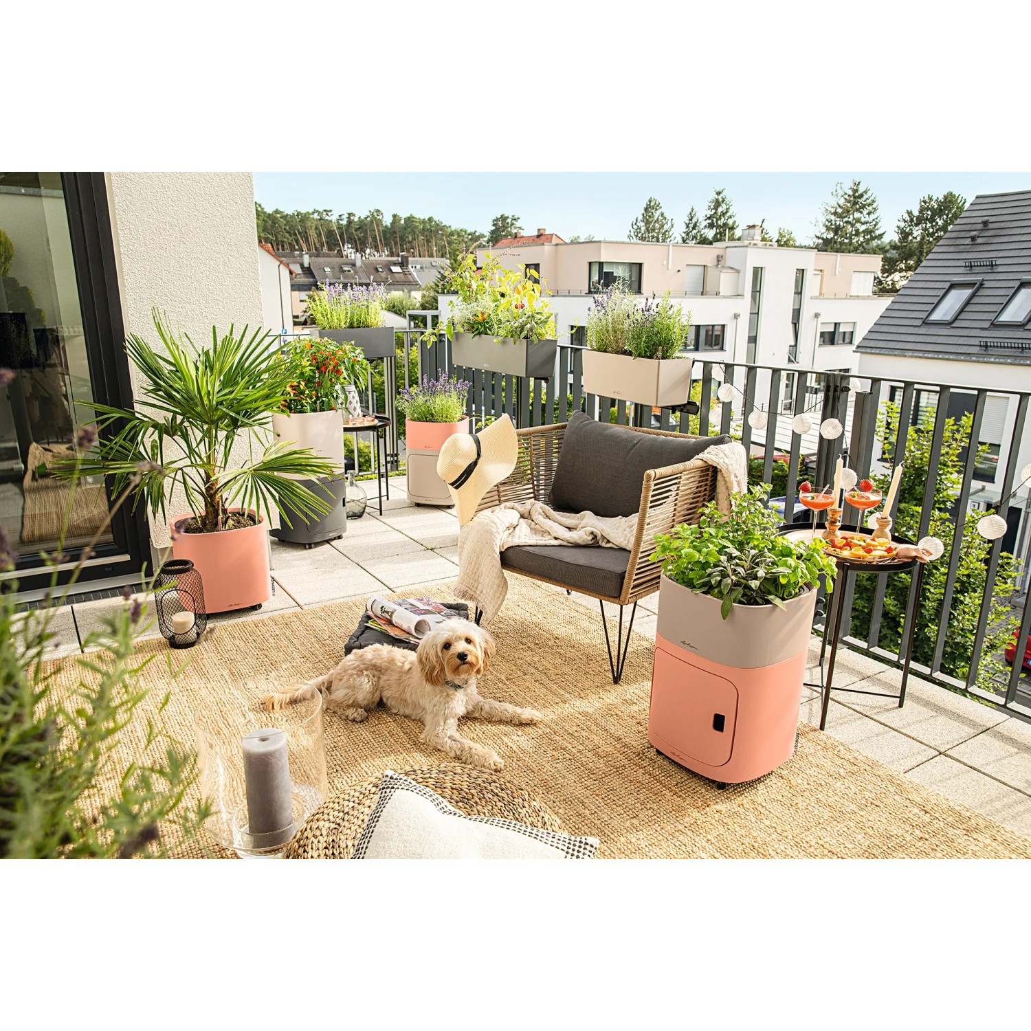 Lechuza Balconera Color 50 in Sandbraun auf einem Balkon mit Pflanzen und Dekoration.