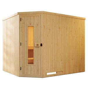 Weka Element-Ecksauna Varberg mit Holztür und Glaseinsatz, naturbelassenes Fichtenholz.