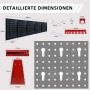 Detaillierte Maße der schwarzen CCLIFE 5-teiligen Lochwand (200x60cm) mit roten Haken und Haltern für Werkzeuge.