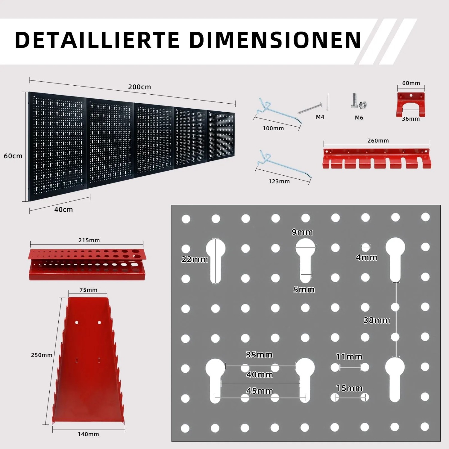 Detaillierte Maße der schwarzen CCLIFE 5-teiligen Lochwand (200x60cm) mit roten Haken und Haltern für Werkzeuge.