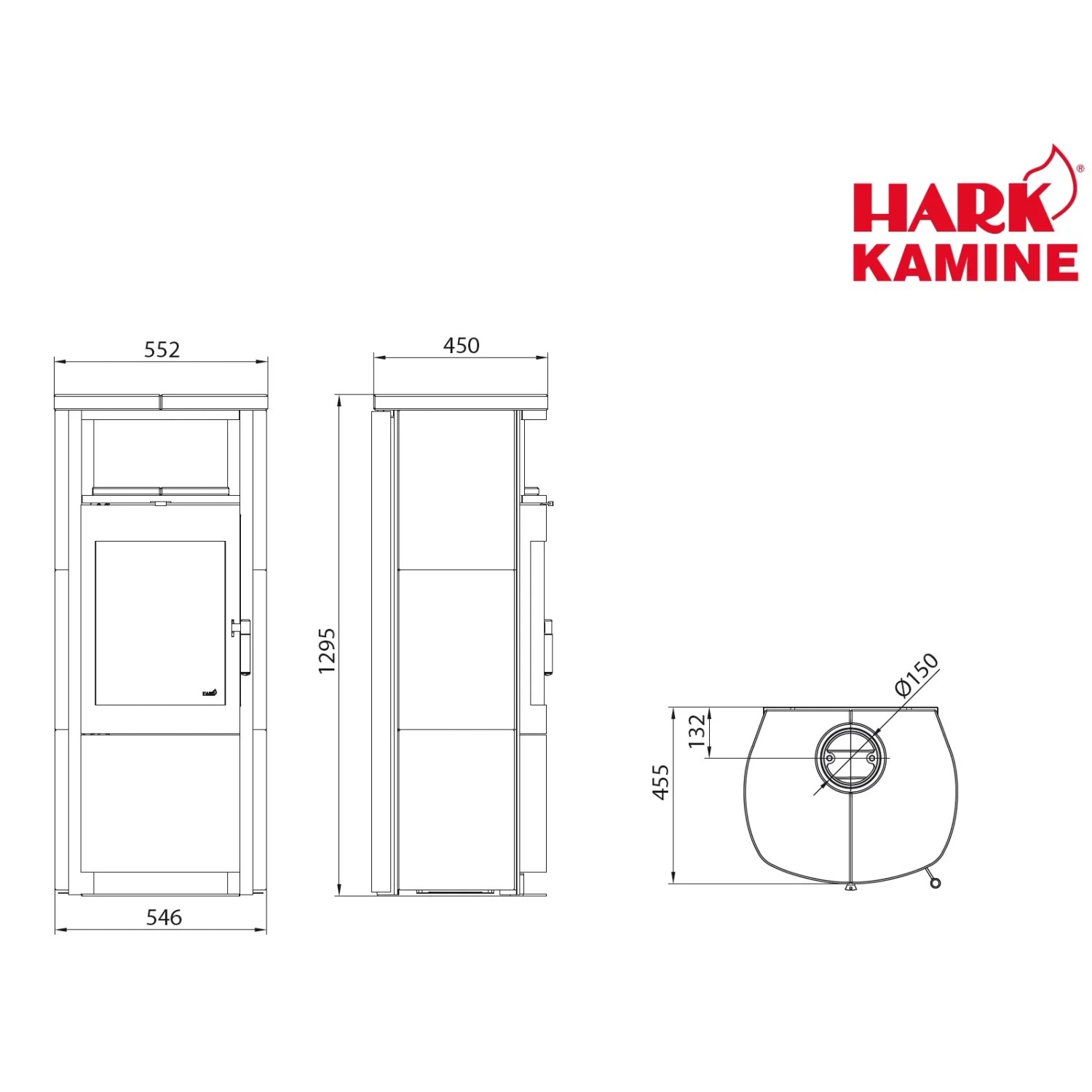 Technische Zeichnung Hark Kaminofen Nika ECOplus Negro mit Maßen für Planung und Installation.