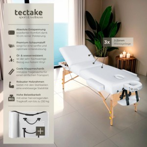 Tectake 3 Zonen Massageliege  Breite 70 cm  Polsterung 10 cm Inklusive Tragetasche  218 x 102 x 90 cm Weiß