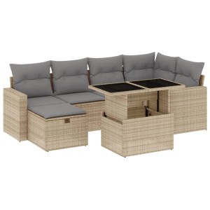 Beige 7-tlg. Rattan Garten-Sofagarnitur mit hellgrauen Kissen und höhenverstellbarem Tisch.