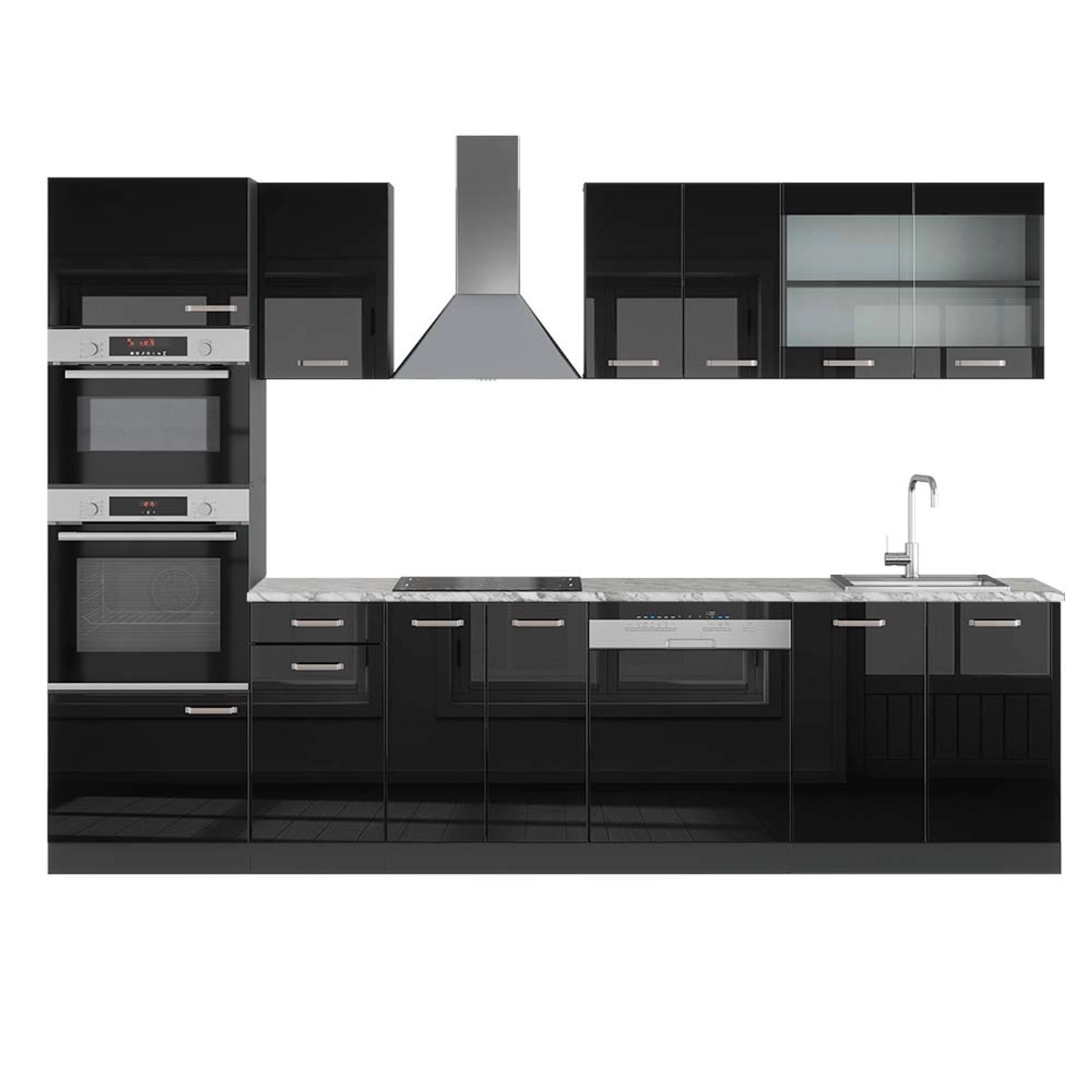 Vicco R-Line Küchenzeile Schwarz Hochglanz/Anthrazit 300 cm mit Hochschrank günstig online kaufen