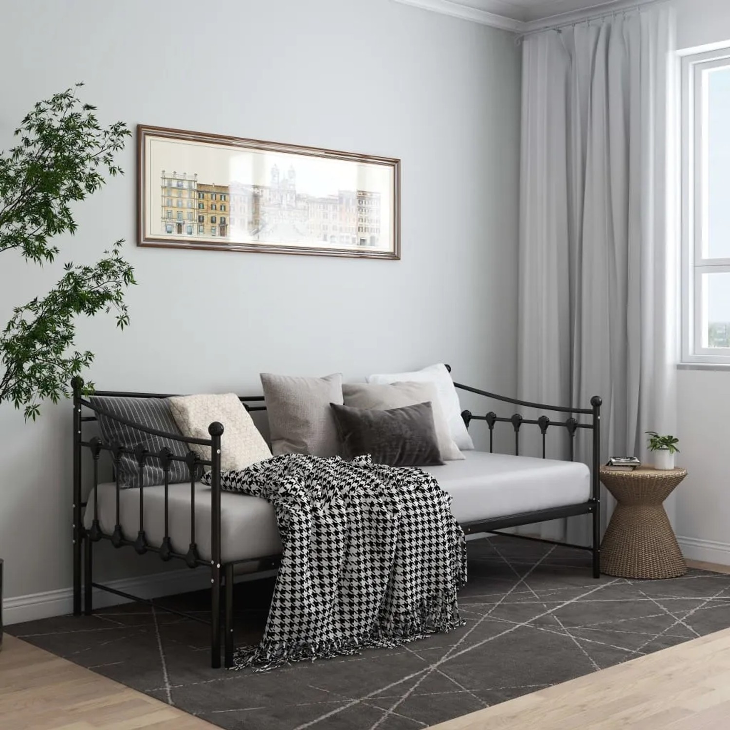 Schwarzes vidaXL Ausziehsofa Bettgestell aus Metall, 90x200 cm, mit Decke und Kissen.