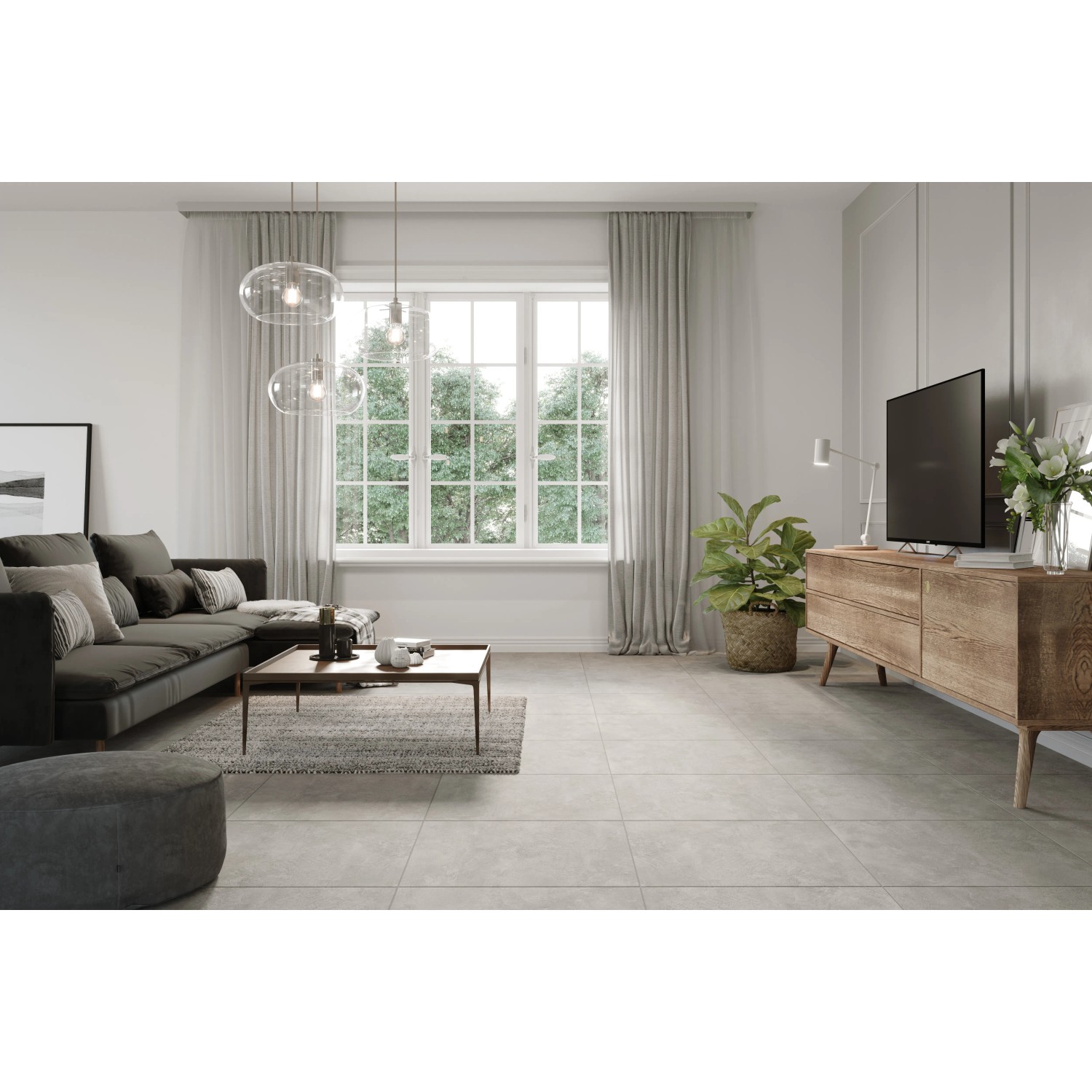 Verlegtes Feinsteinzeug Dallas Grau, matte Bodenfliese 60x60 cm im Wohnraum.