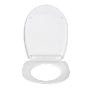Weißer Wenko WC-Sitz Corbara High Gloss aus Thermoplast, offen.