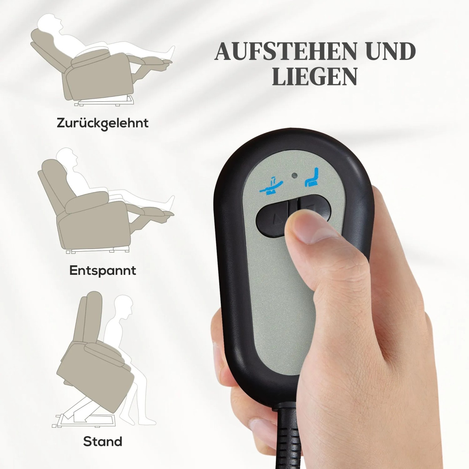 Hand hält Fernbedienung für beigen Aufstehsessel. Diagramme zeigen Liege-, Relax- und Aufstehfunktion des elektrischen Loungesessels.