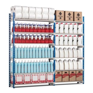 Blau-graues PROREGAL Fachbodenregal Maximus Pro mit sechs Ebenen und diversen Lagergütern.