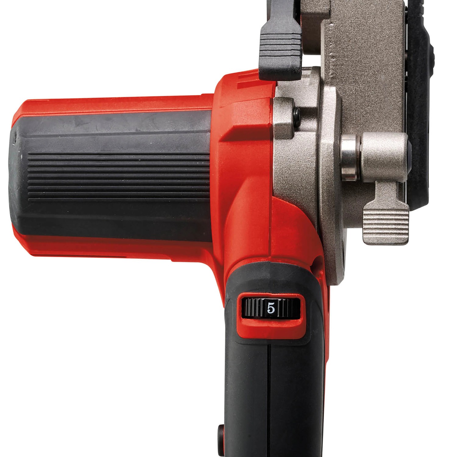 Detailaufnahme: Einhell Akku-Bandfeile TE-BF 18 V Li-Solo, rotes Gehäuse, Geschwindigkeitsregler.