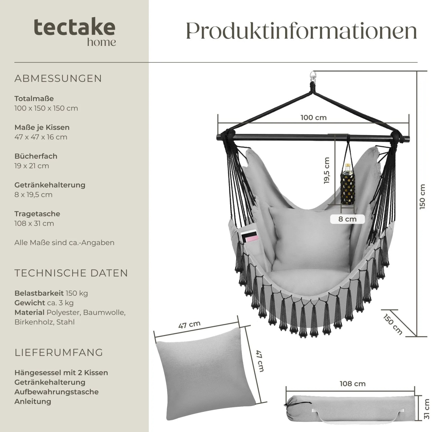 Tectake Hängesessel Malika Extra Dicke Sitz und Rückenkissen Mit Bücherfach Flaschenhalterung 150 x 100 x 150 cm Grau_6