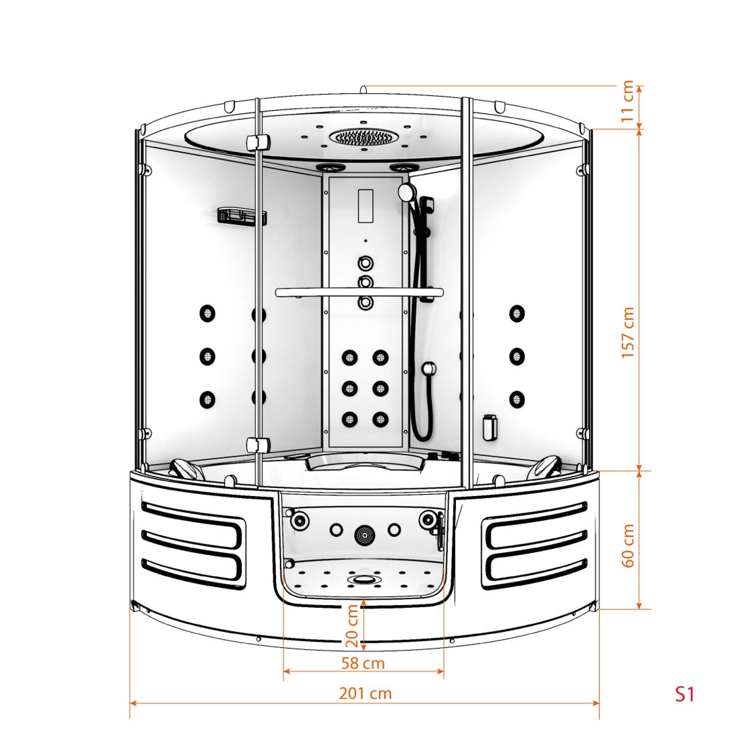 Skizze der AquaVapore Dampfdusche mit Whirlpool K70-WS-EH-EC, 150x150cm, mit Maßangaben.