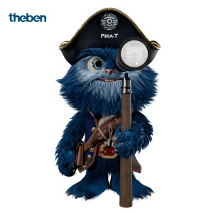 Theben PIRA-T Maskottchen als blauer Pirat mit Fernglas, das den PIRA T8 DE Bewegungsmelder darstellt.