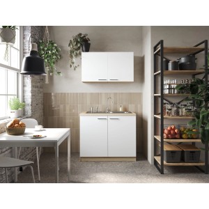 Respekta Küchenmöbel-Set Merle 100 cm Weiß mit Spüle und Oberschränken.