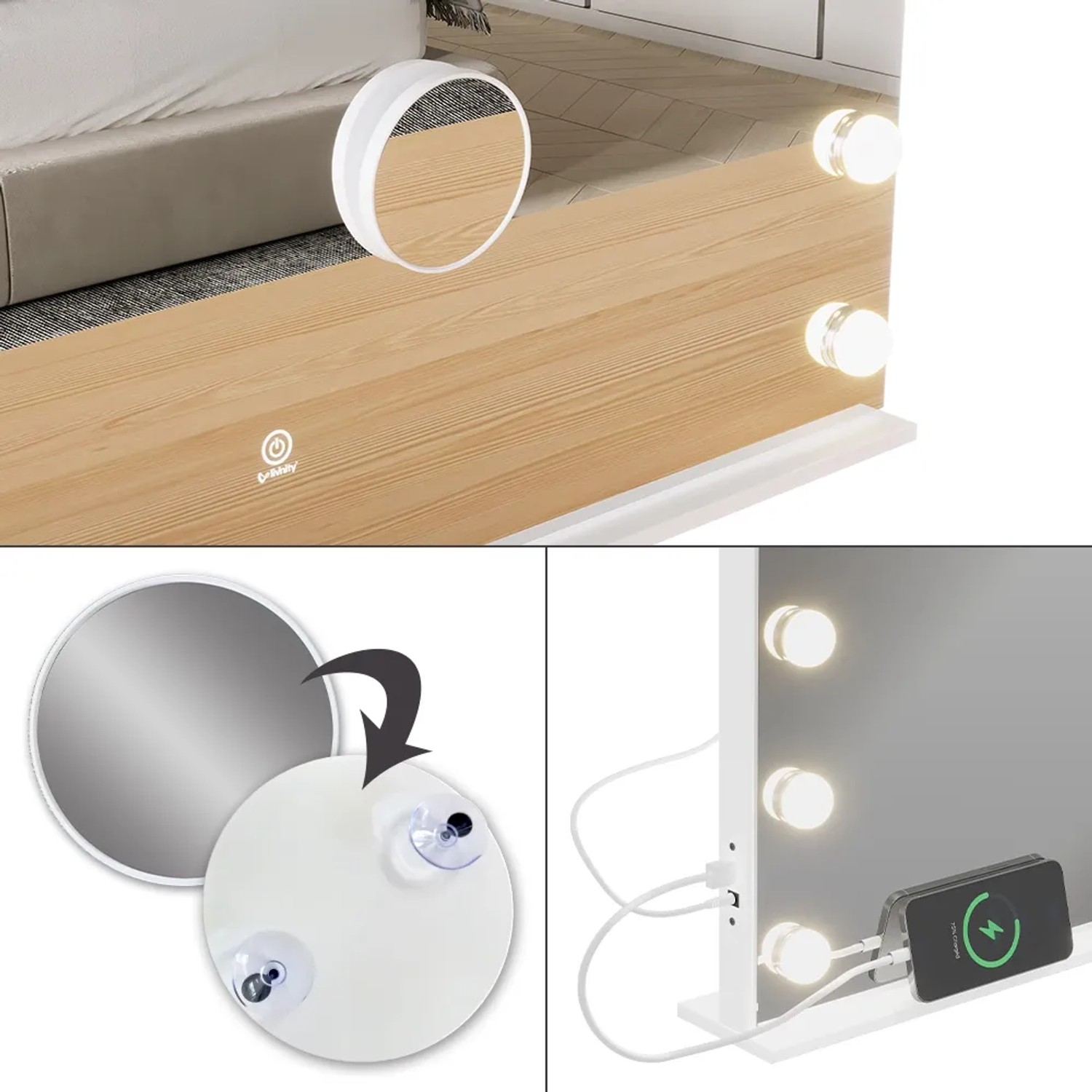 Vicco Schminktischspiegel Greta, weiß, mit LED-Beleuchtung und Details wie USB-Anschluss und Saugnapf.