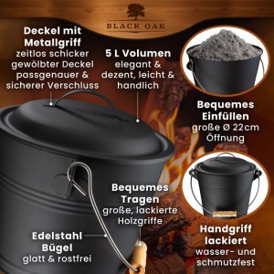 BLACK OAK Ascheeimer 5L mit Deckel, Schaufel und Besen. Kompakter Aschebehälter für Kamin und Grill.