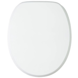 Weißer Sanilo WC-Sitz aus Holz, stabile Toilettenbrille für Standard-WCs.