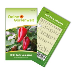 Deine Gartenwelt Chili Jalapeno Samenpackung mit roten Jalapenos auf der Vorderseite.