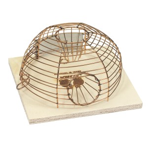 Korb-Mäusefalle als Lebendfalle aus Draht auf Holzbrett