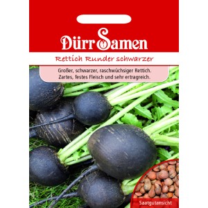 Dürr Samen Winterrettich Runder Schwarzer: Schwarze Rettiche und Saatgut auf der Verpackung.
