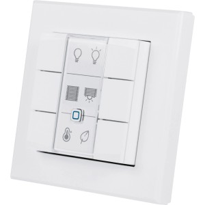 Weißer Homematic IP Wandtaster 6-fach für Hausautomation. Smart Home Schalter mit Symbolen für Licht, Jalousie, Heizung.