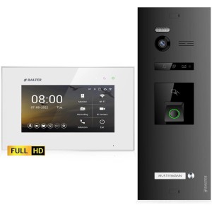 Balter EVO-HD Video-Türsprechanlage mit Fingerprint, bestehend aus Monitor (weiß) und Türstation (schwarz)