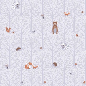 Graue Kindertapete mit Waldtieren (Fuchs, Bär, Eule, Waschbär) für Jungenzimmer.