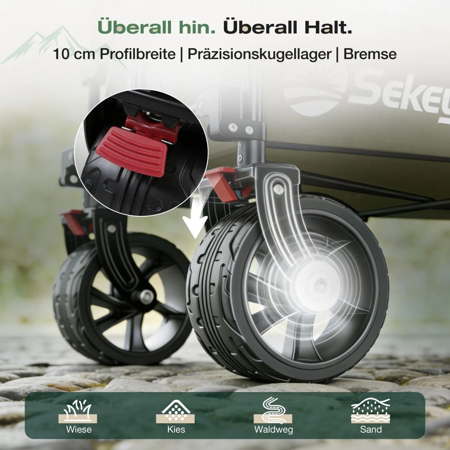 Detailaufnahme der All-Terrain-Räder mit Bremse des Sekey XXL Bollerwagens.