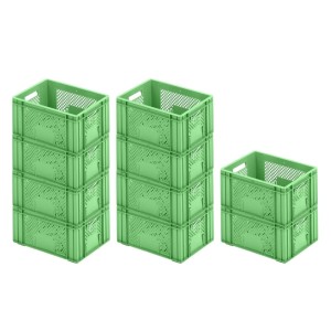 Sparset: 10 grüne Eurobehälter für Obst und Gemüse, 18 Liter, stapelbar.