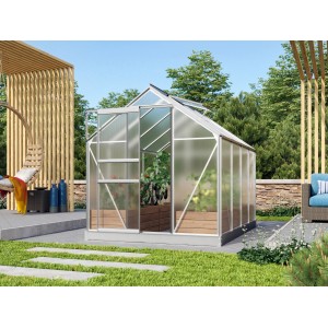 Vitavia Gewächshaus Venus 5000 aus Aluminium, 5 m² mit geöffneter Tür und Pflanzen im Inneren.