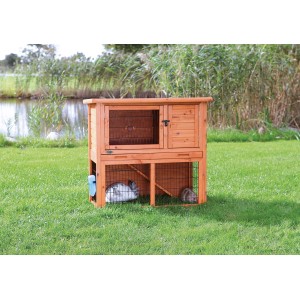 Trixie Kleintierstall Natura mit Freilaufgehege aus Kiefernholz, braun, mit zwei Kaninchen.