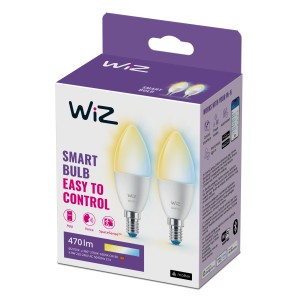Verpackung WiZ LED E14 Leuchtmittel, 2er-Pack, dimmbar, Glühlampenform.