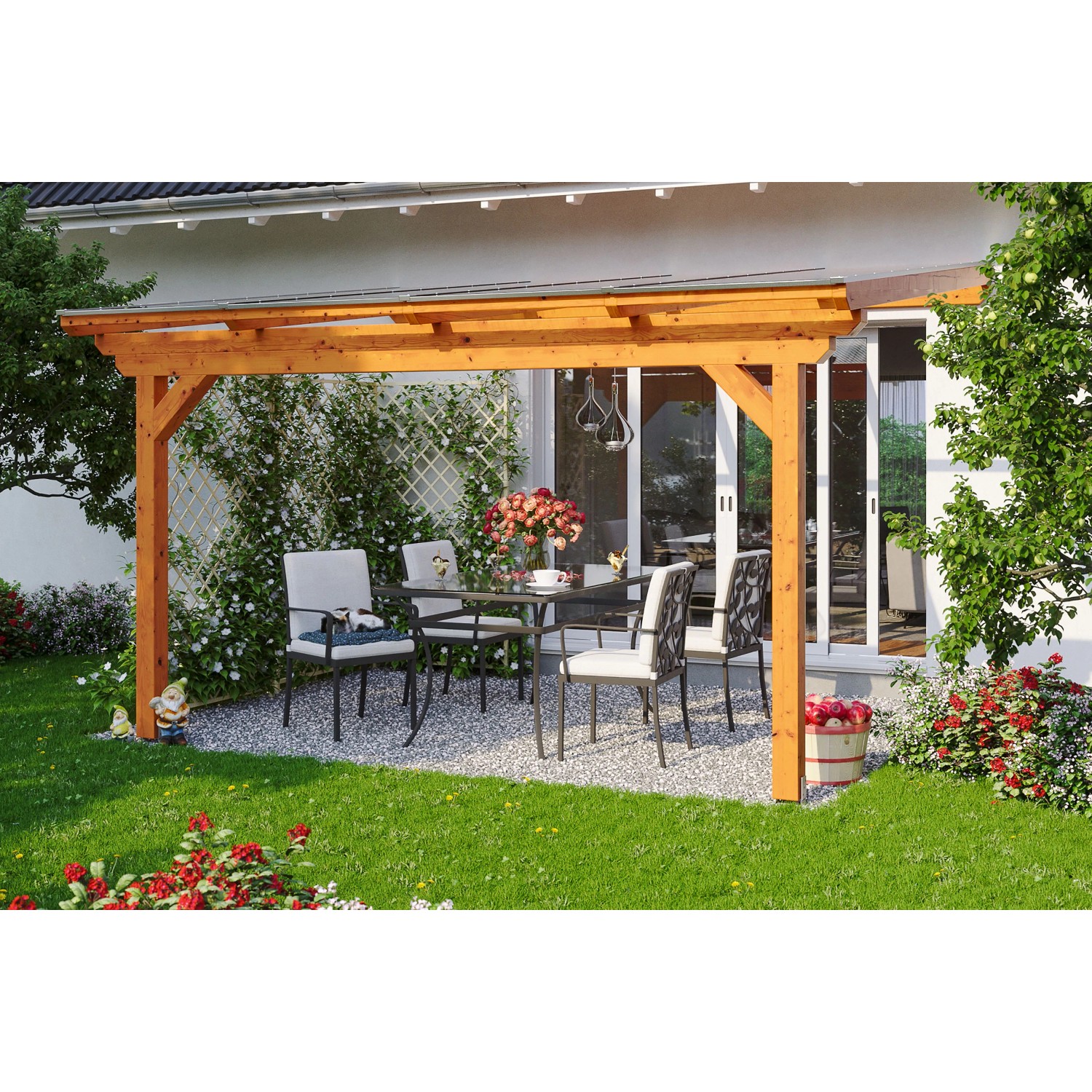 Skan Holz Terrassenüberdachung Ancona 434 x 350 cm Leimholz Eiche hell