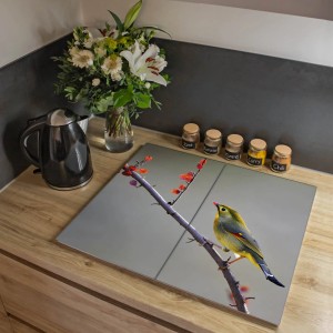 Banjado 2-teilige Glas Herdabdeckplatte mit Herbstvogel-Motiv, auch als Schneidebrett nutzbar.