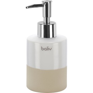 Weißer baliv Seifenspender aus Keramik mit Sandstein-Optik und silbernem Pumpkopf.