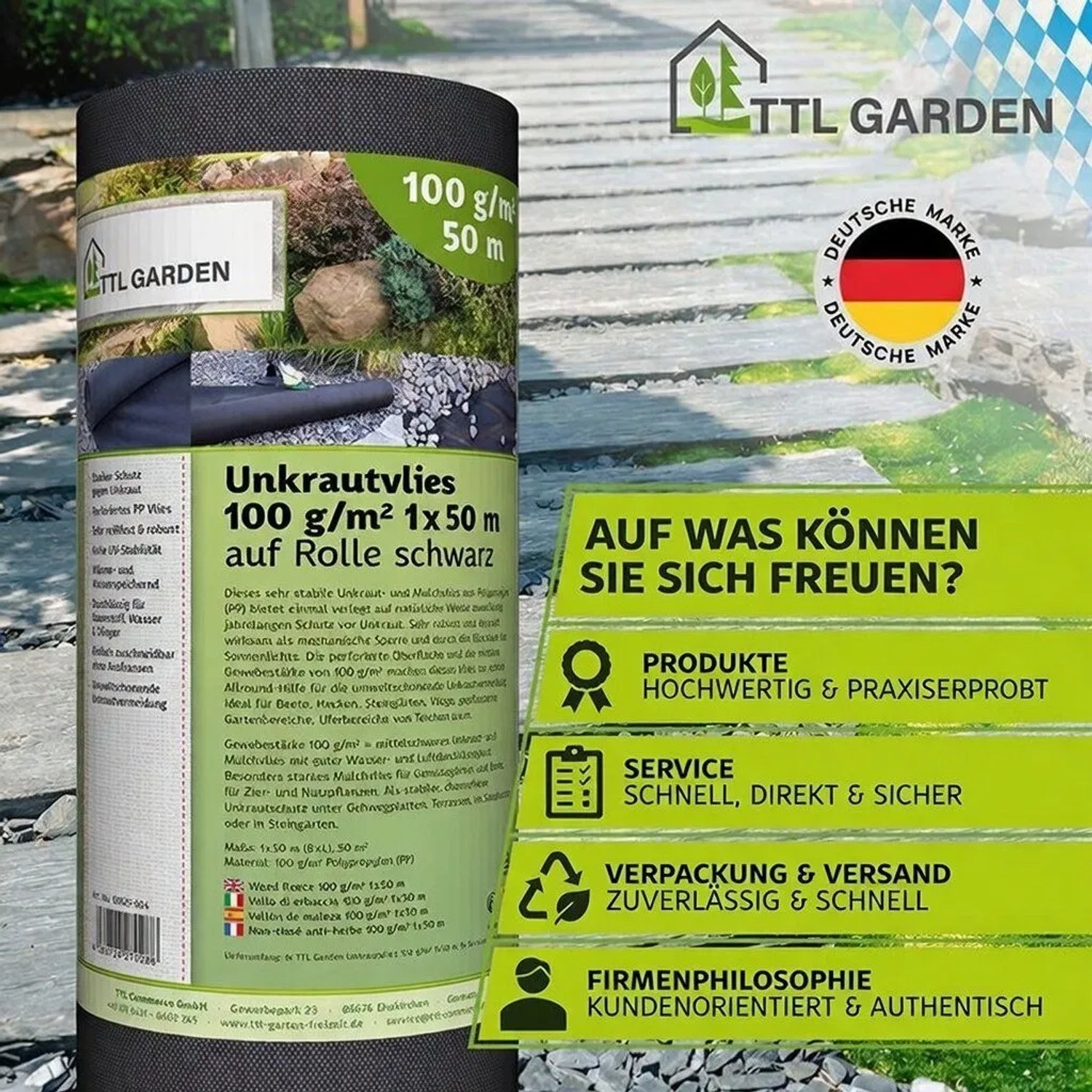 TTL GARDEN Unkrautvlies 100g/m² 1x50m Schwarz 50m² Gartenvlies Mulchvlies UV-stabil Wasserdurchlässig für Beet & Wege_7