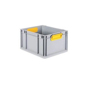 Graue PROREGAL Eurobox mit gelben Griffen, 22x30x40 cm, als Aufbewahrungsbox.