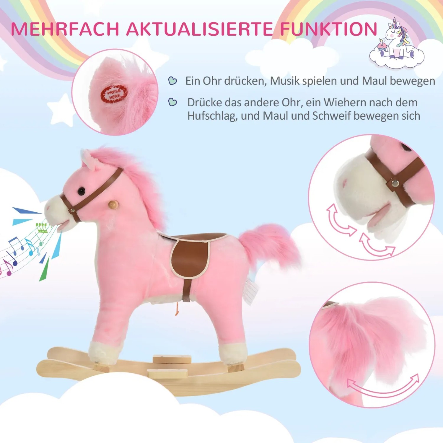 Rosa HOMCOM Schaukelpferd mit Soundeffekten und Haltegriffen für Kinder.