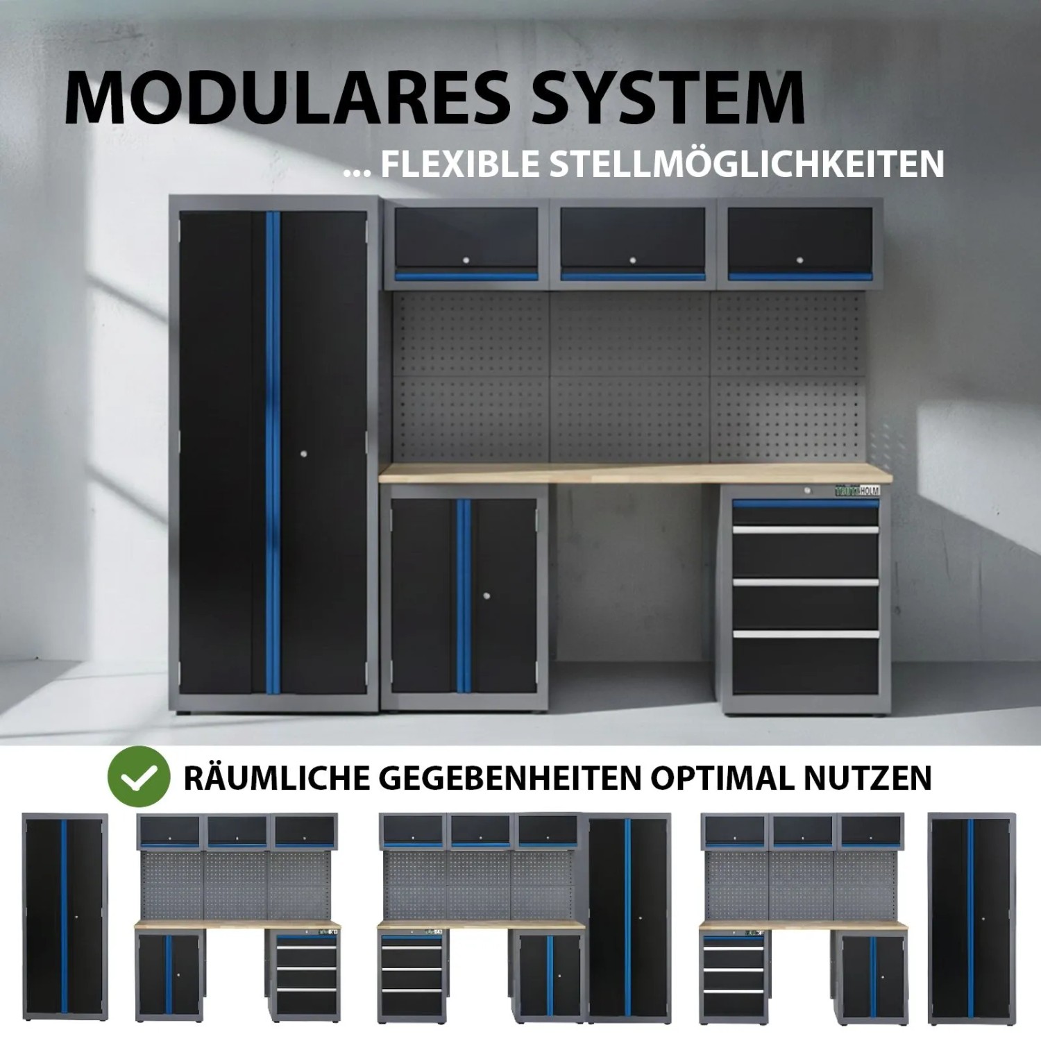 TRUTZHOLM Werkstattwand, 13-teiliges Schranksystem aus Stahl mit Lochwand in Blau, Grau und Schwarz.