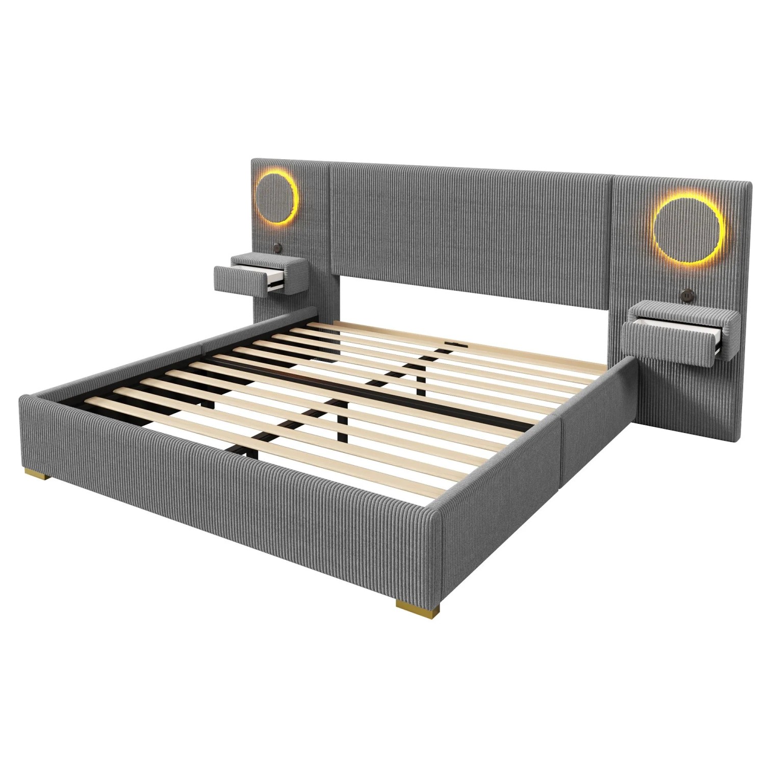 Merax Samt Polsterbett 180x200 cm Mit LED Kopfteil USB Nachttisch Schubladen Grau