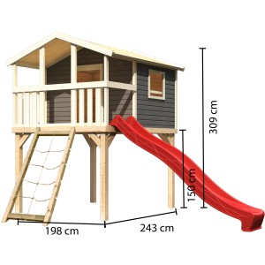 Karibu Stelzenhaus Benjamin in Terragrau mit roter Rutsche, Netzrampe und Leiter. Spielturm für Kinder.