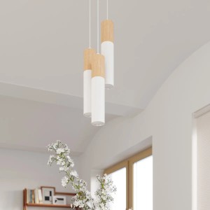 Sollux Pablo Hängeleuchte, 3-flammig, weiß/Holz, moderne Lampe für Wohnzimmer & Esszimmer.