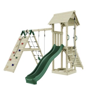 PolarPlay Spielturm Trondheim mit Schaukel, Kletterwand und grüner Rutsche.