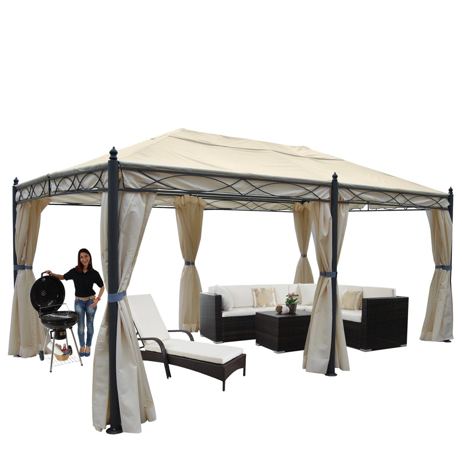 Creme Pergola Calpe 5x3m mit Seitenwand und Moskitonetz, Terrassenüberdachung mit Stahlgestell und Textilbespannung.