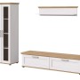 Wohnwand Mirano 3-teilig in Weiß Lärche Landhausstil. Vitrine, TV-Lowboard, Wandboard mit Eiche-Akzenten.