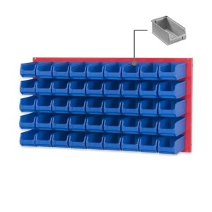 PROREGAL Trägersystem mit roter Platte und 45 blauen Sichtlagerboxen. Aufbewahrung für Werkstatt, Lager oder Garage.