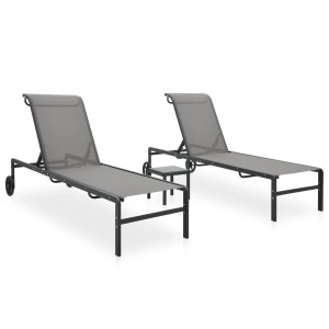 VidaXL Sonnenliegen 2er Set mit Tisch, Textilene und Stahl, grau. Ideal für Garten, Terrasse oder Pool.