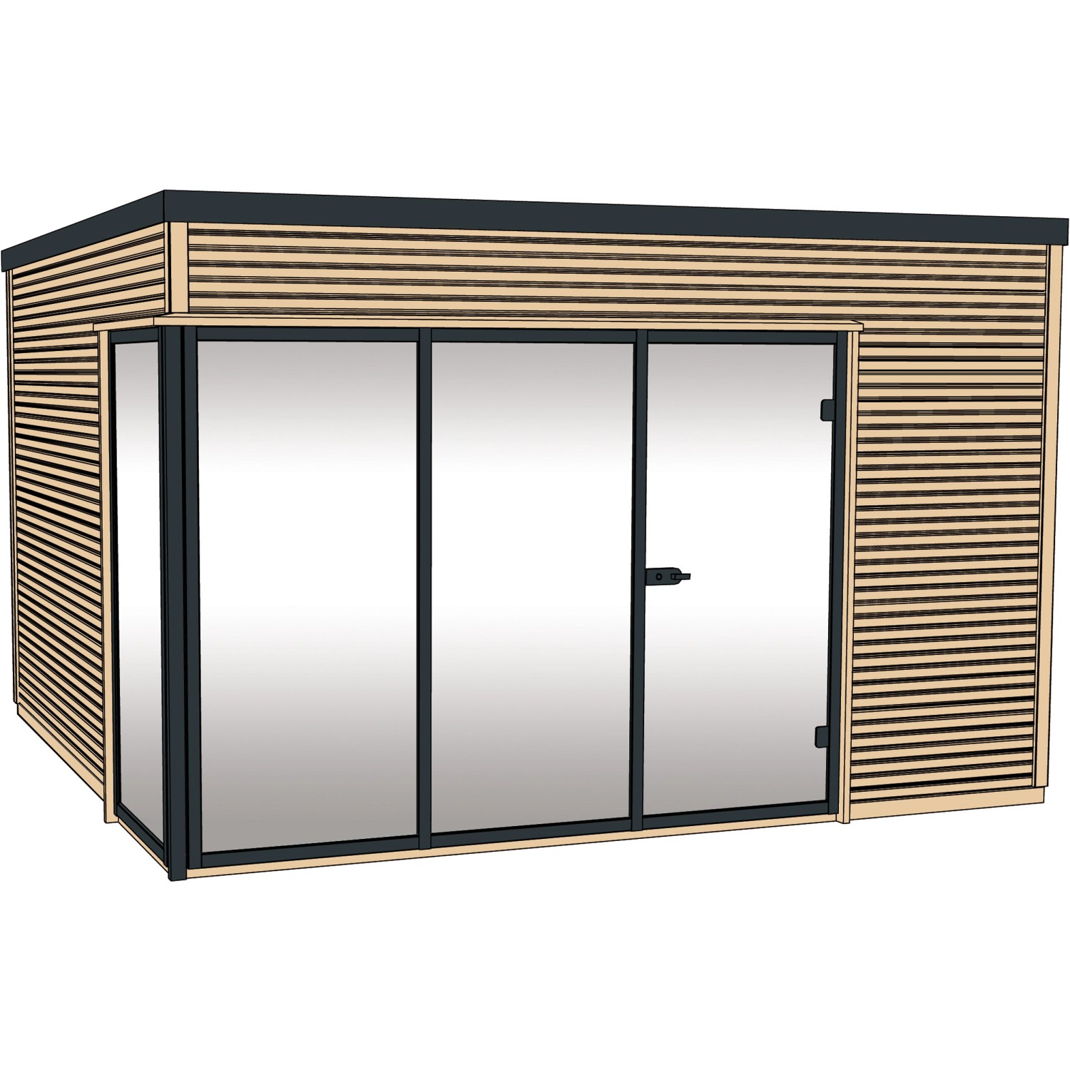 Modernes Weka Holz-Gartenhaus Cubilis mit Glasfront, 380x380 cm. Gartenhaus aus Fichtenholz mit Pultdach.